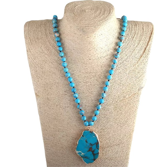 NWT Long Turquoise Necklace with gold coat around main stone pendant KNO… - Picture 3 of 3